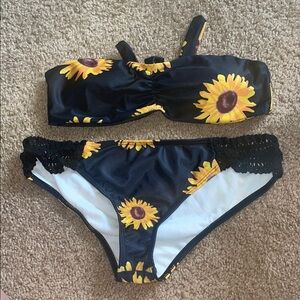 Sunflower Print Bikini Set 2 piece set strapless standard bikini black lace